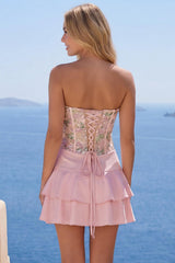 Dressystars Pink Floral A-Line Short Homecoming Dress with Ruffles