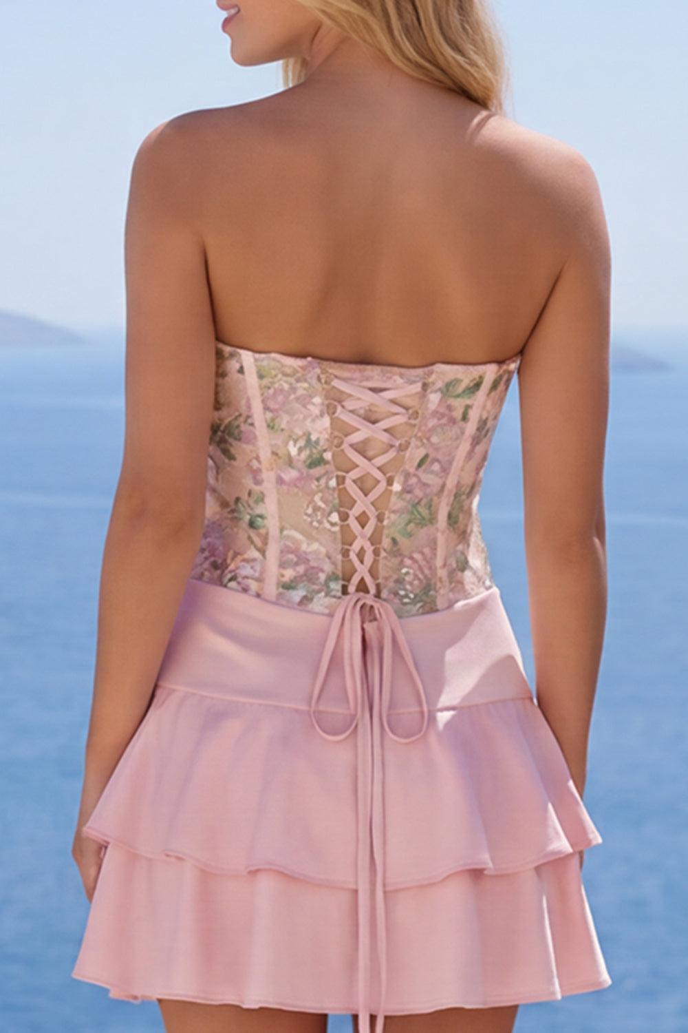 Dressystars Pink Floral A-Line Short Homecoming Dress with Ruffles