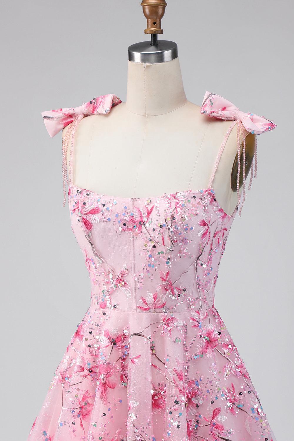 Dressystars Pink Floral Beaded A-Line Short Homecoming Dress with Bows
