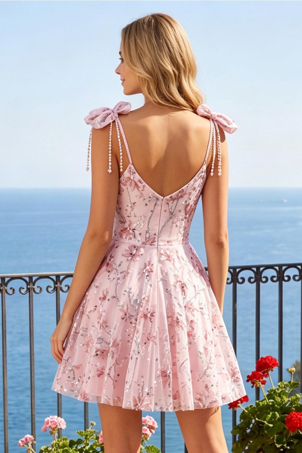 Dressystars Pink Floral Beaded A-Line Short Homecoming Dress with Bows