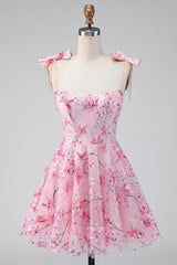 Dressystars Pink Floral Beaded A-Line Short Homecoming Dress with Bows