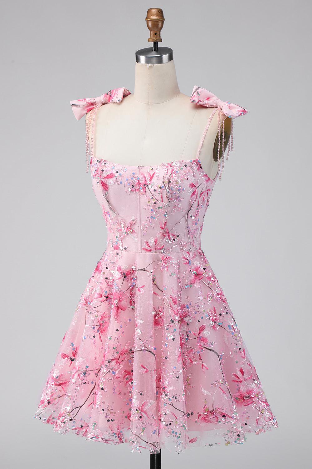 Dressystars Pink Floral Beaded A-Line Short Homecoming Dress with Bows