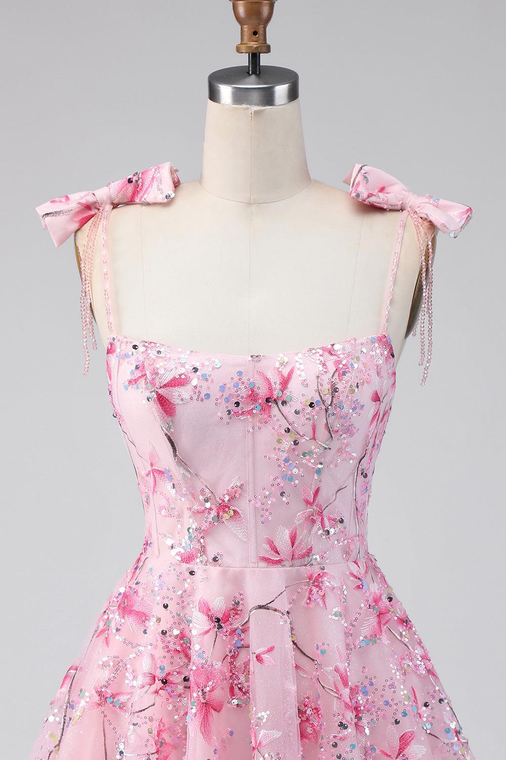 Dressystars Pink Floral Beaded A-Line Short Homecoming Dress with Bows