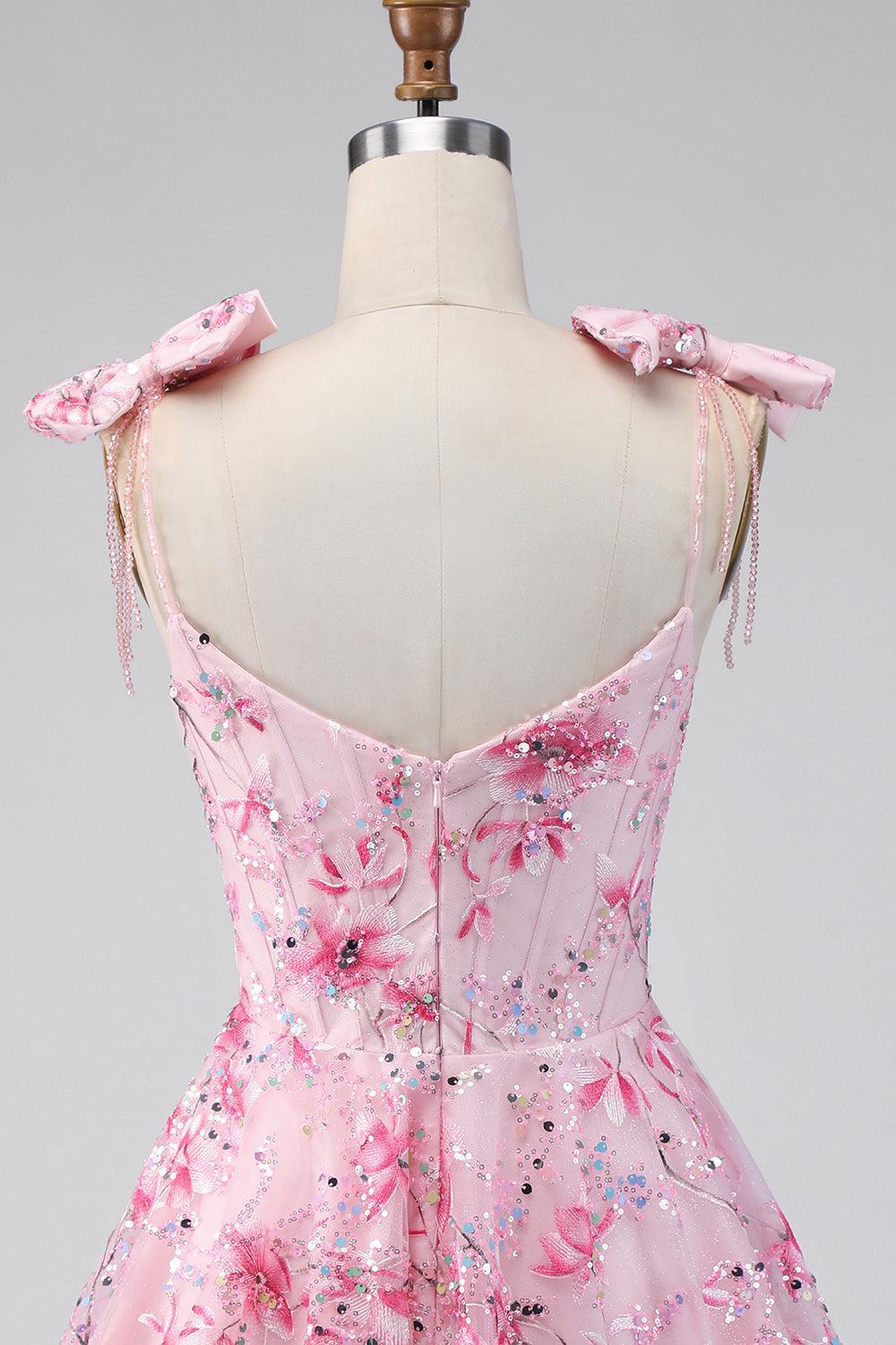 Dressystars Pink Floral Beaded A-Line Short Homecoming Dress with Bows