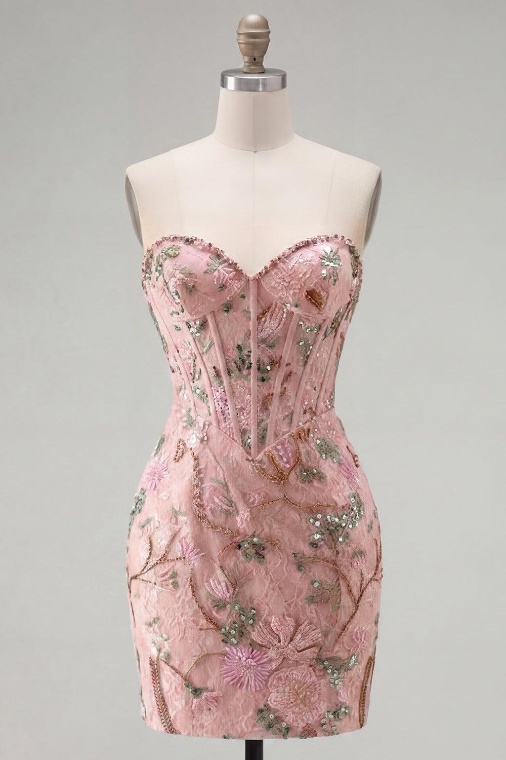 Dressystars Pink Floral Beaded Corset Tight Short Homecoming Dress