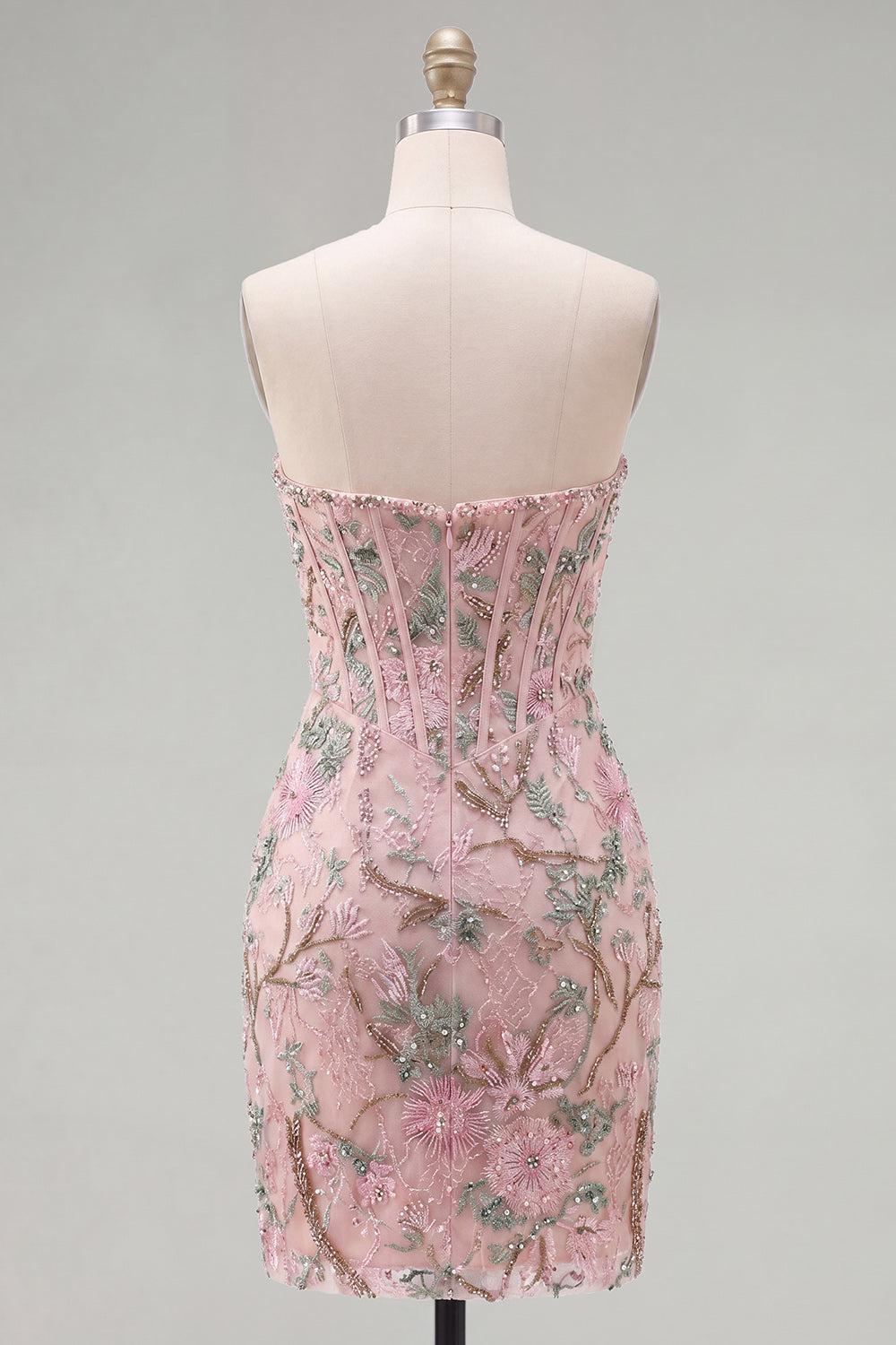 Dressystars Pink Floral Beaded Corset Tight Short Homecoming Dress