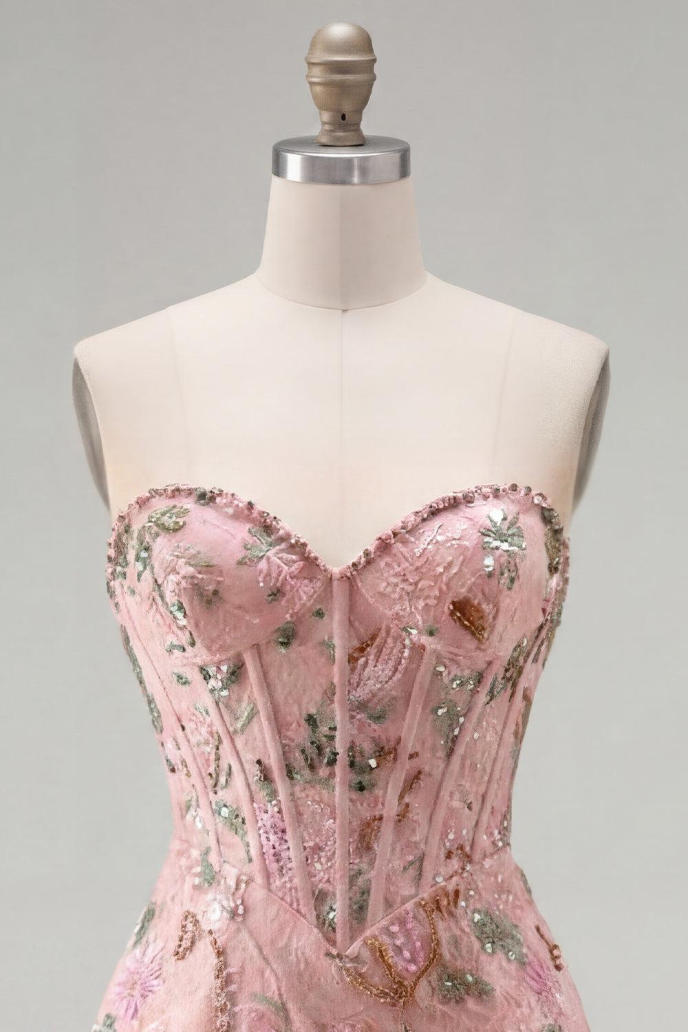 Dressystars Pink Floral Beaded Corset Tight Short Homecoming Dress