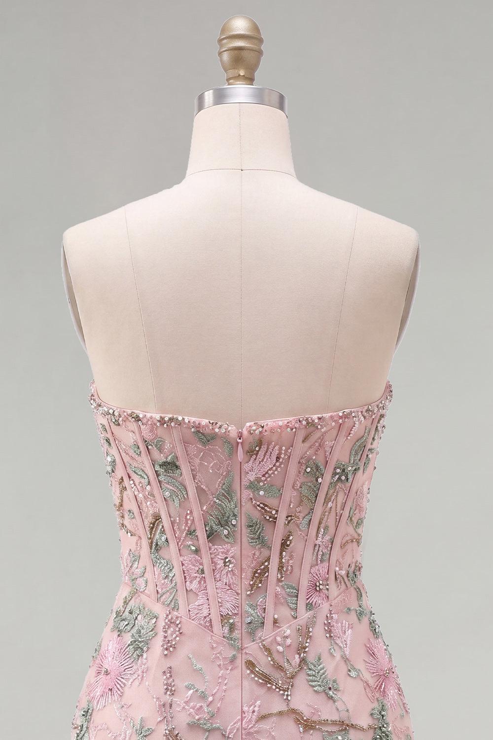 Dressystars Pink Floral Beaded Corset Tight Short Homecoming Dress