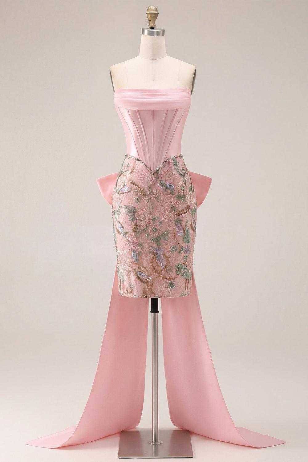Dressystars Pink Floral Beaded Corset Tight Short Homecoming Dress with Bow