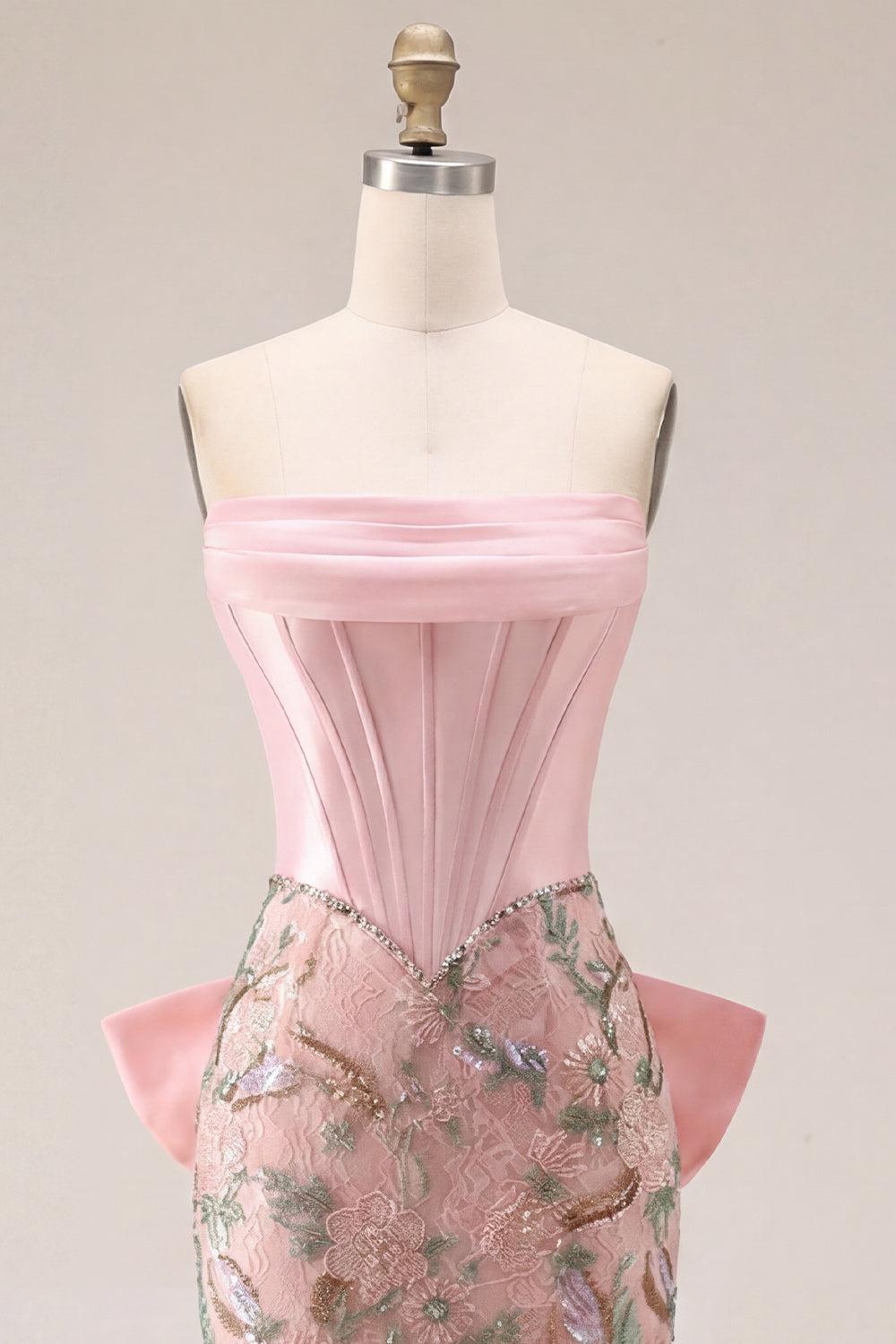 Dressystars Pink Floral Beaded Corset Tight Short Homecoming Dress with Bow