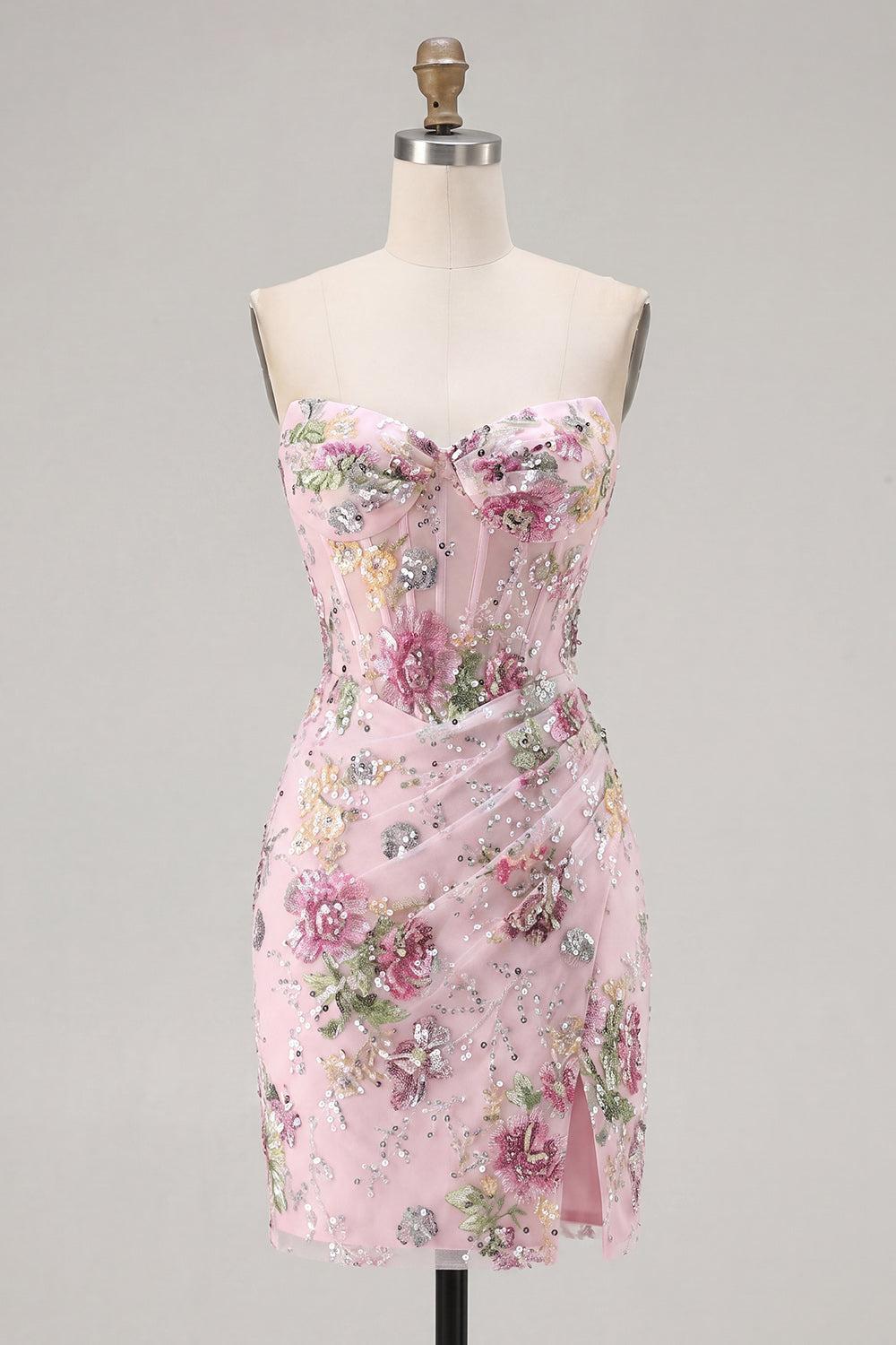 Dressystars Pink Floral Beaded Ruched Corset Tight Short Homecoming Dress with Slit