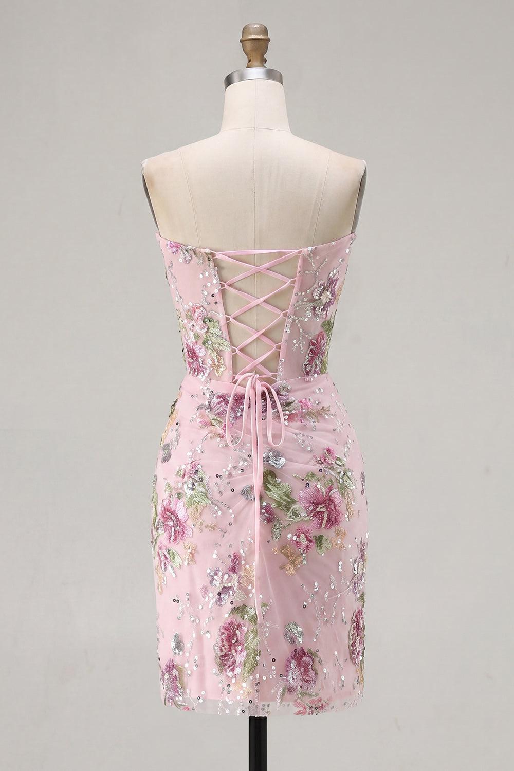 Dressystars Pink Floral Beaded Ruched Corset Tight Short Homecoming Dress with Slit