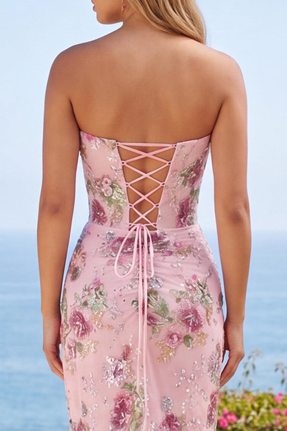 Dressystars Pink Floral Beaded Ruched Corset Tight Short Homecoming Dress with Slit
