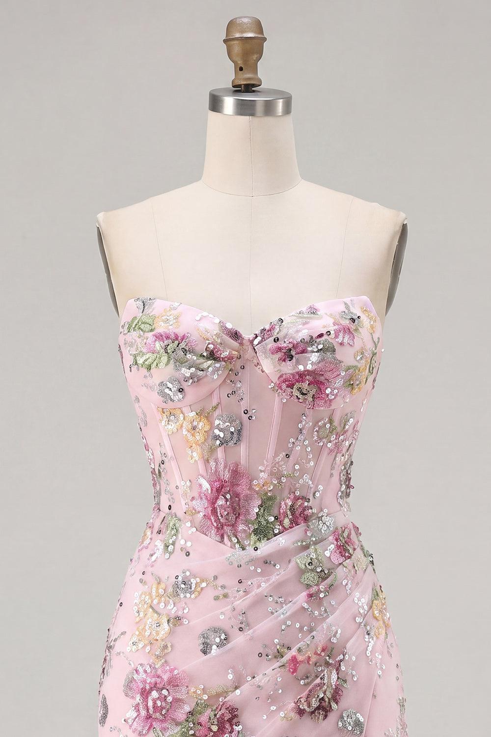 Dressystars Pink Floral Beaded Ruched Corset Tight Short Homecoming Dress with Slit