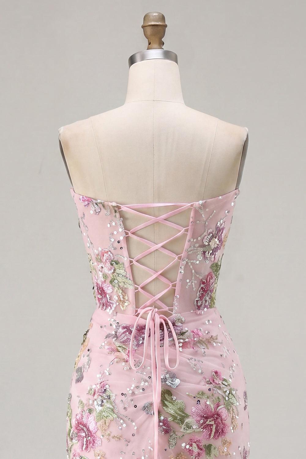 Dressystars Pink Floral Beaded Ruched Corset Tight Short Homecoming Dress with Slit
