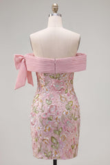 Dressystars Pink Floral Beaded Tight Short Homecoming Dress with Bow