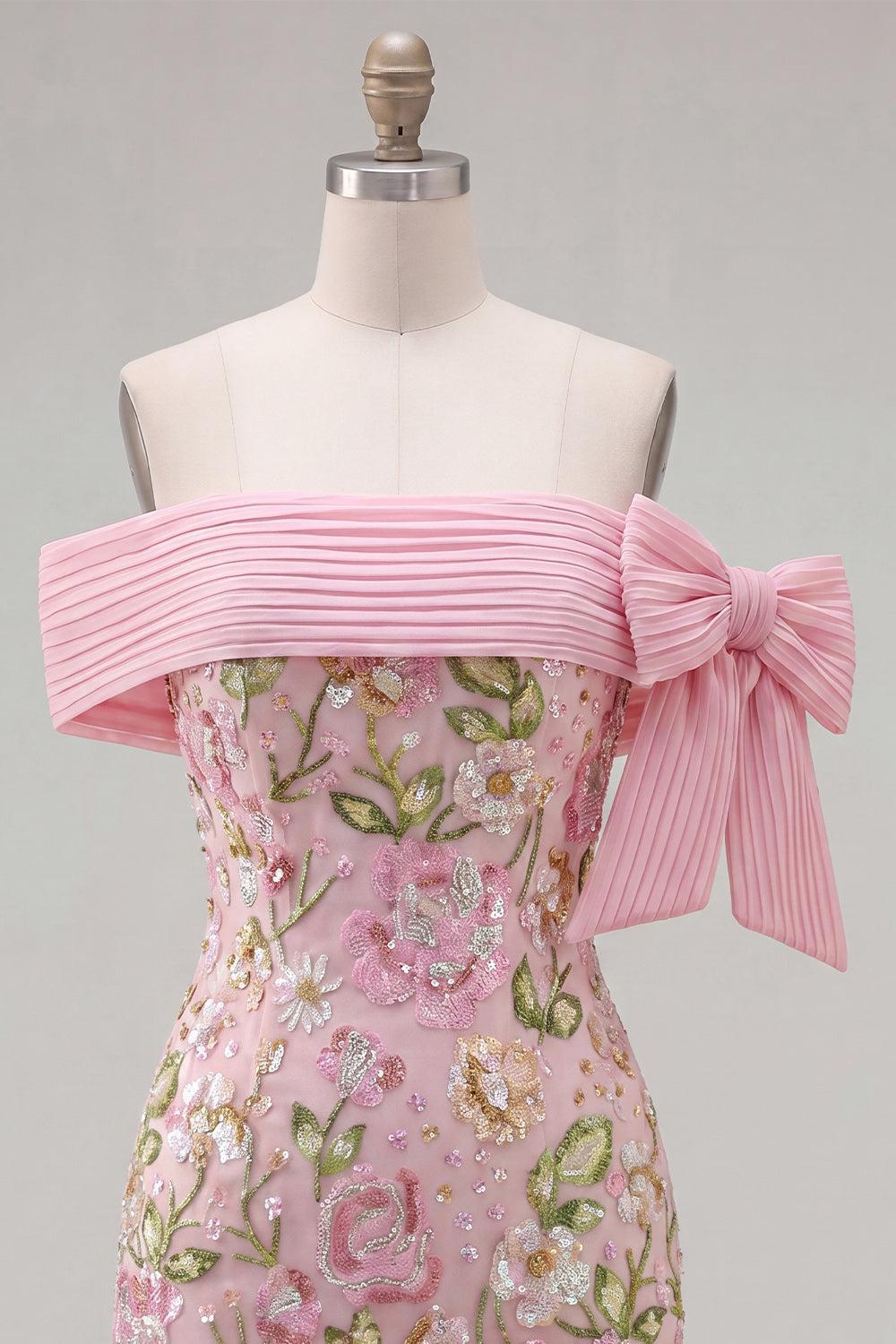 Dressystars Pink Floral Beaded Tight Short Homecoming Dress with Bow