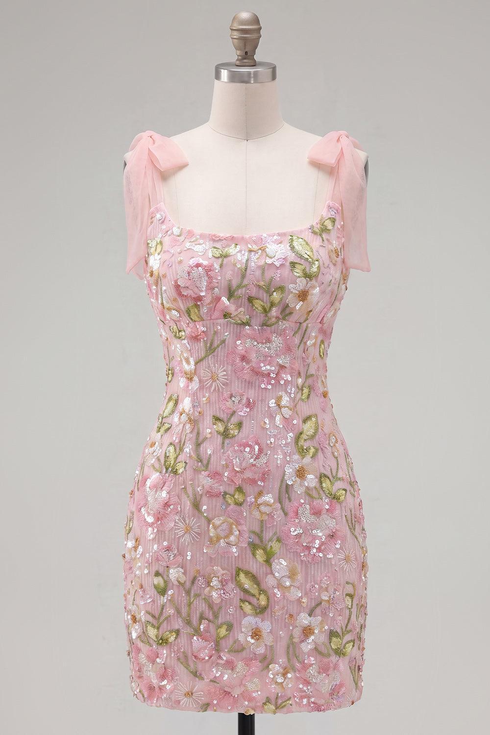 Dressystars Pink Floral Beaded Tight Short Homecoming Dress with Bows