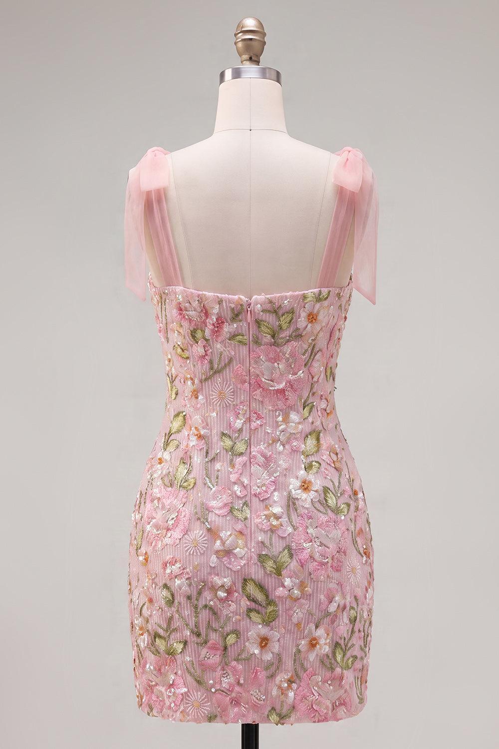Dressystars Pink Floral Beaded Tight Short Homecoming Dress with Bows