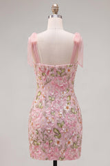 Dressystars Pink Floral Beaded Tight Short Homecoming Dress with Bows