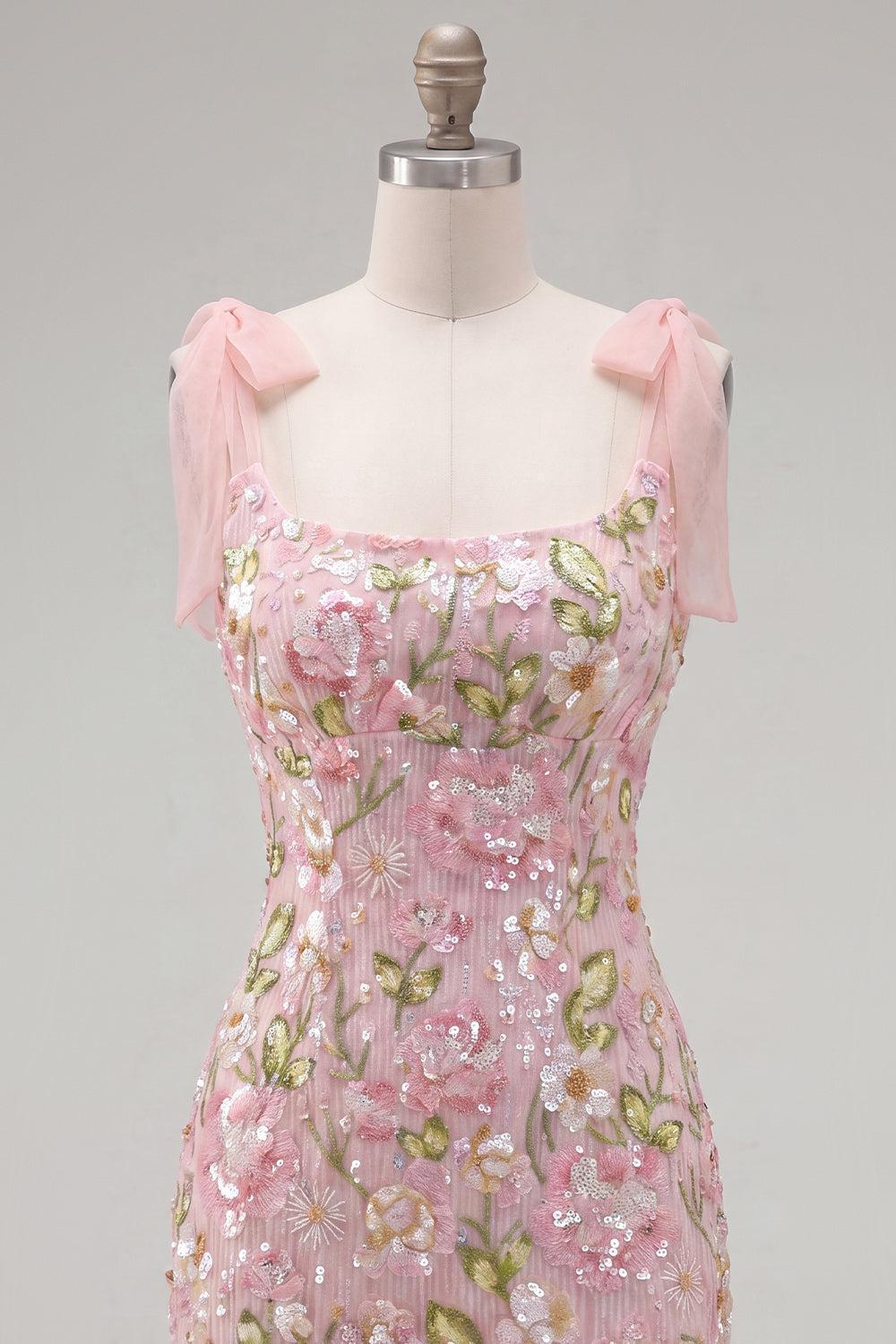 Dressystars Pink Floral Beaded Tight Short Homecoming Dress with Bows