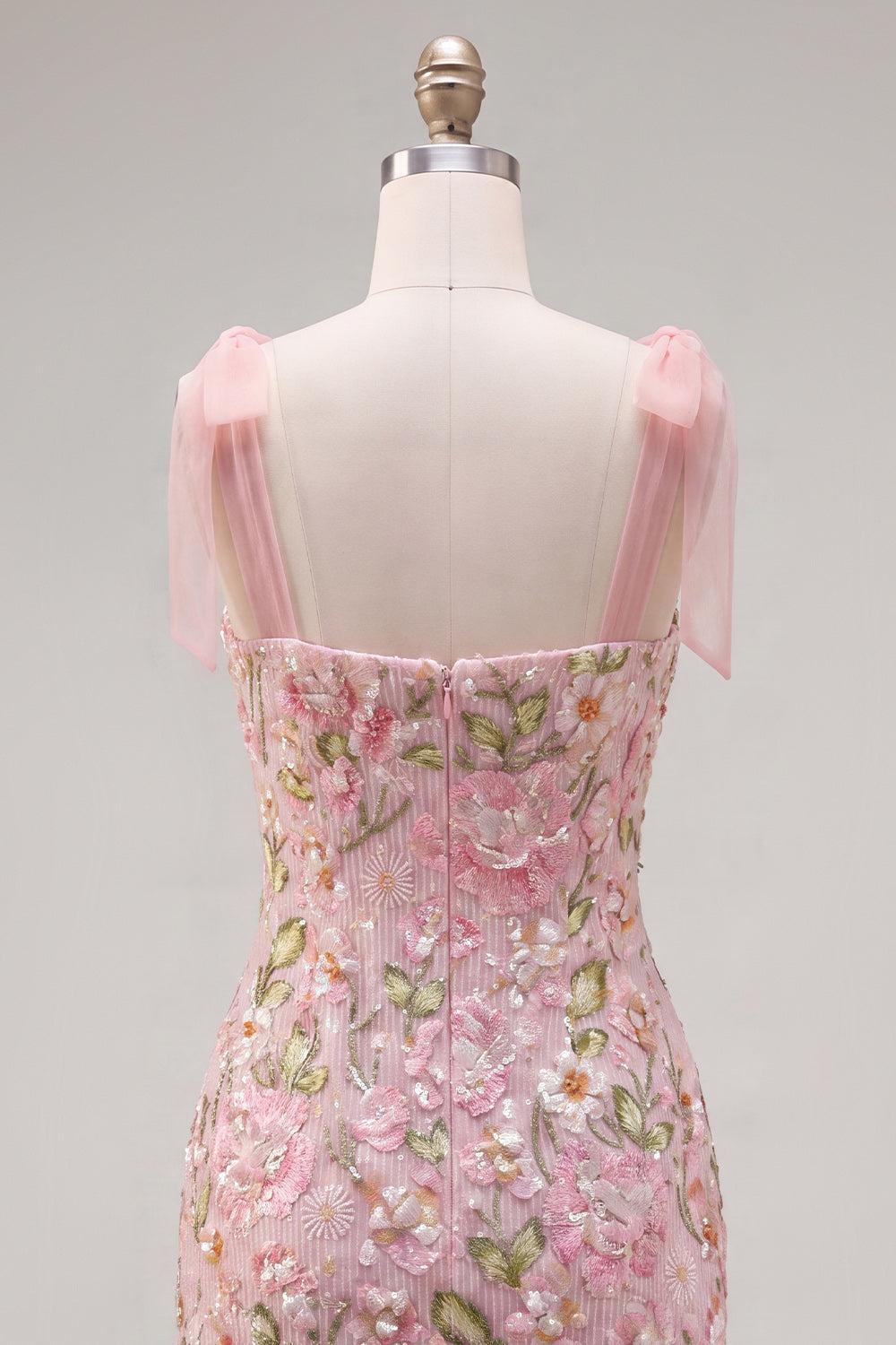 Dressystars Pink Floral Beaded Tight Short Homecoming Dress with Bows