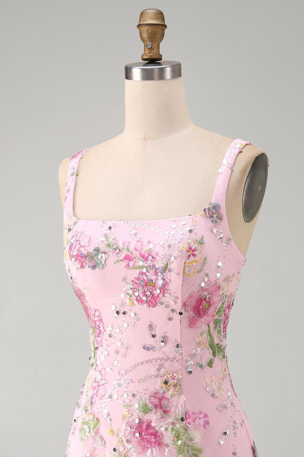 Dressystars Pink Floral Beaded Tight Short Homecoming Dress with Ruffles