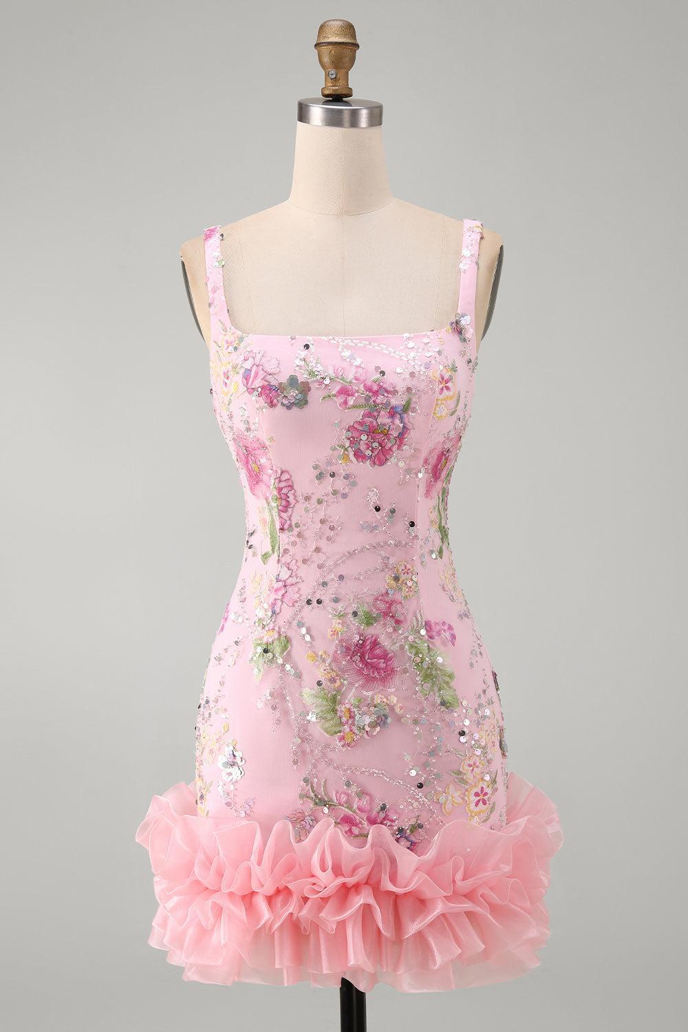 Dressystars Pink Floral Beaded Tight Short Homecoming Dress with Ruffles