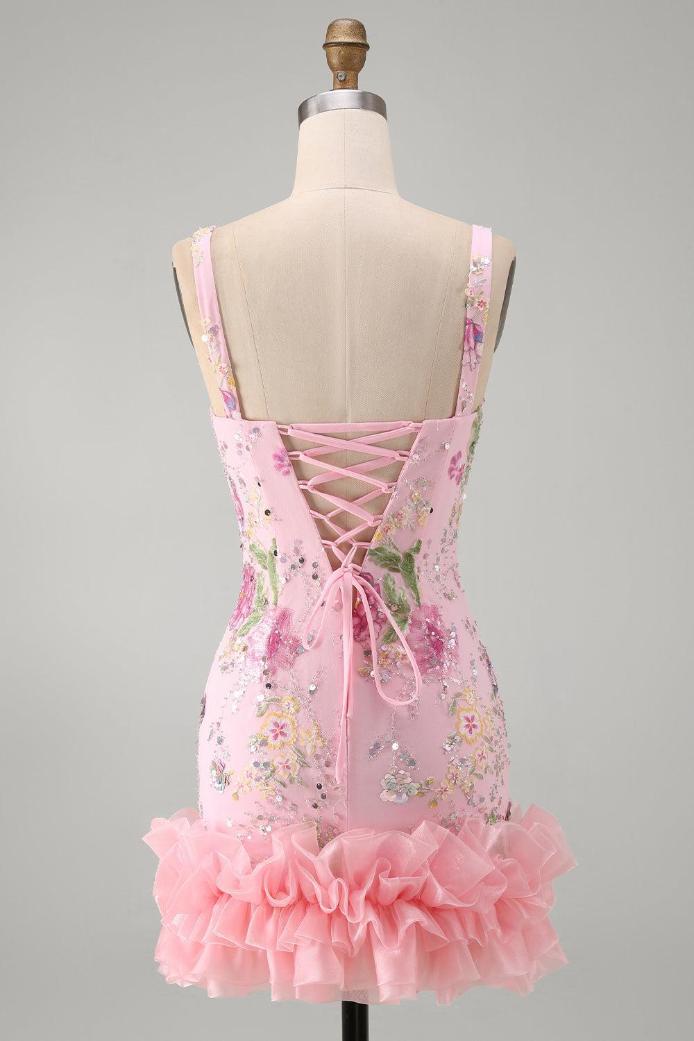 Dressystars Pink Floral Beaded Tight Short Homecoming Dress with Ruffles