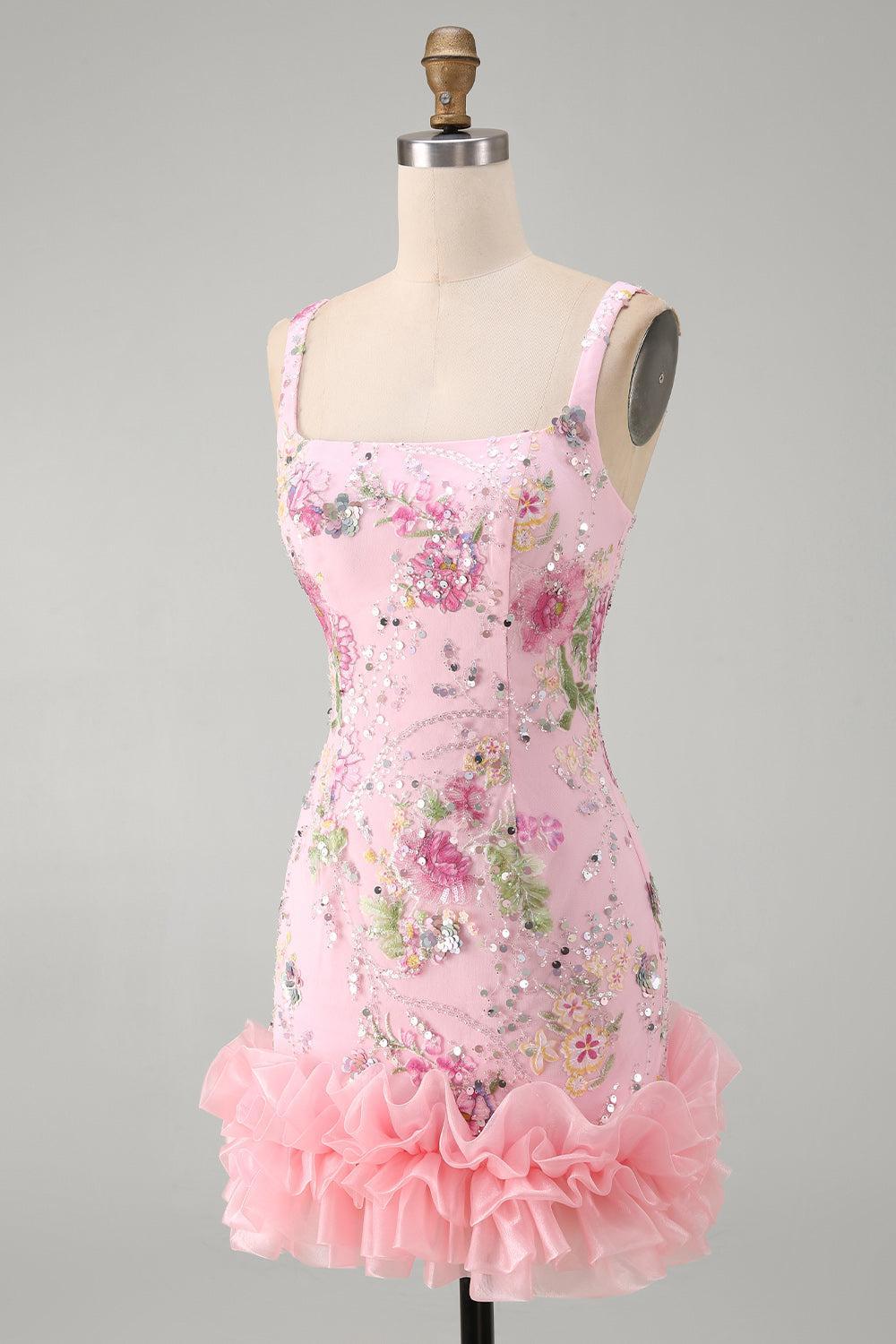 Dressystars Pink Floral Beaded Tight Short Homecoming Dress with Ruffles