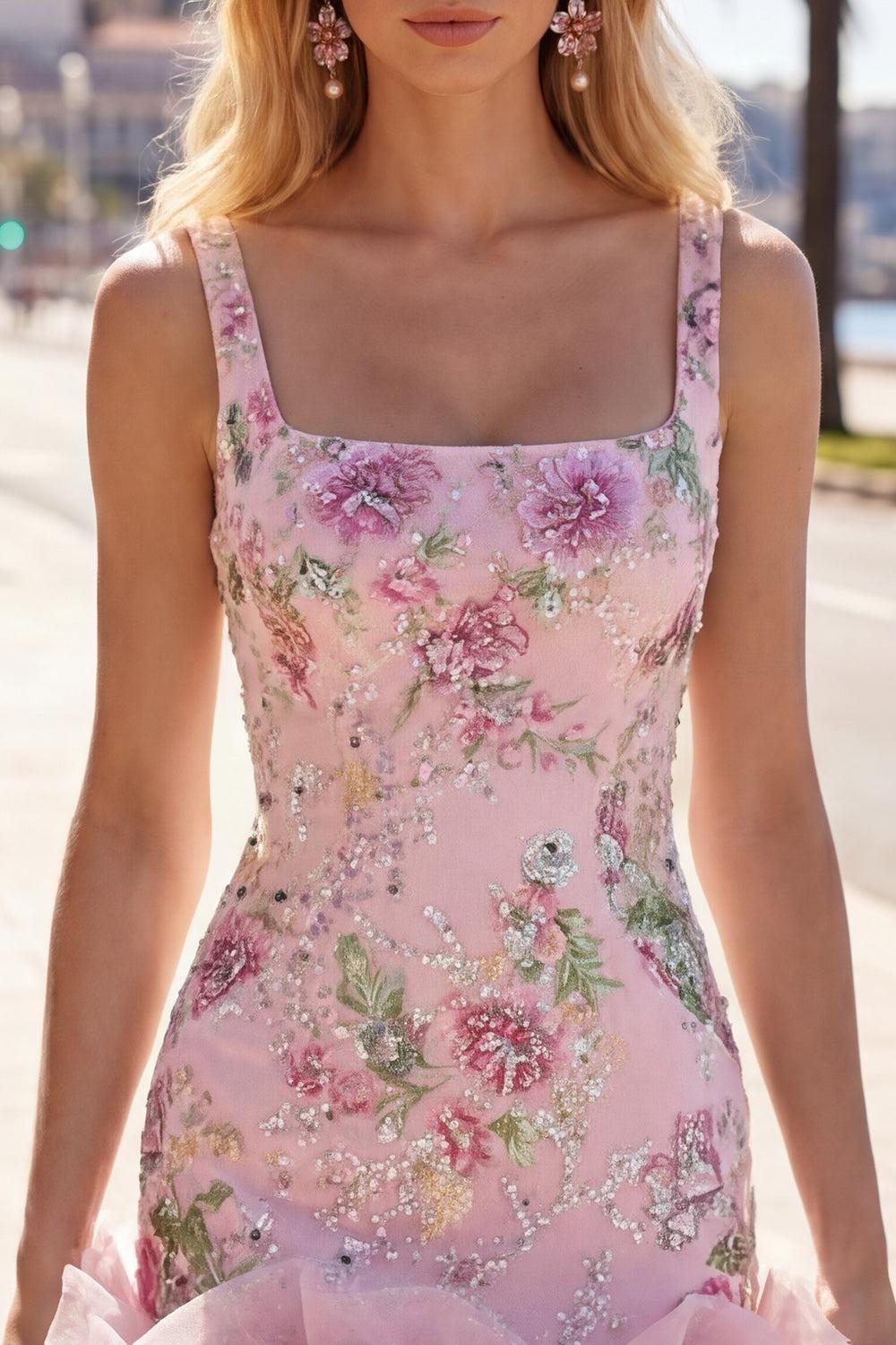 Dressystars Pink Floral Beaded Tight Short Homecoming Dress with Ruffles