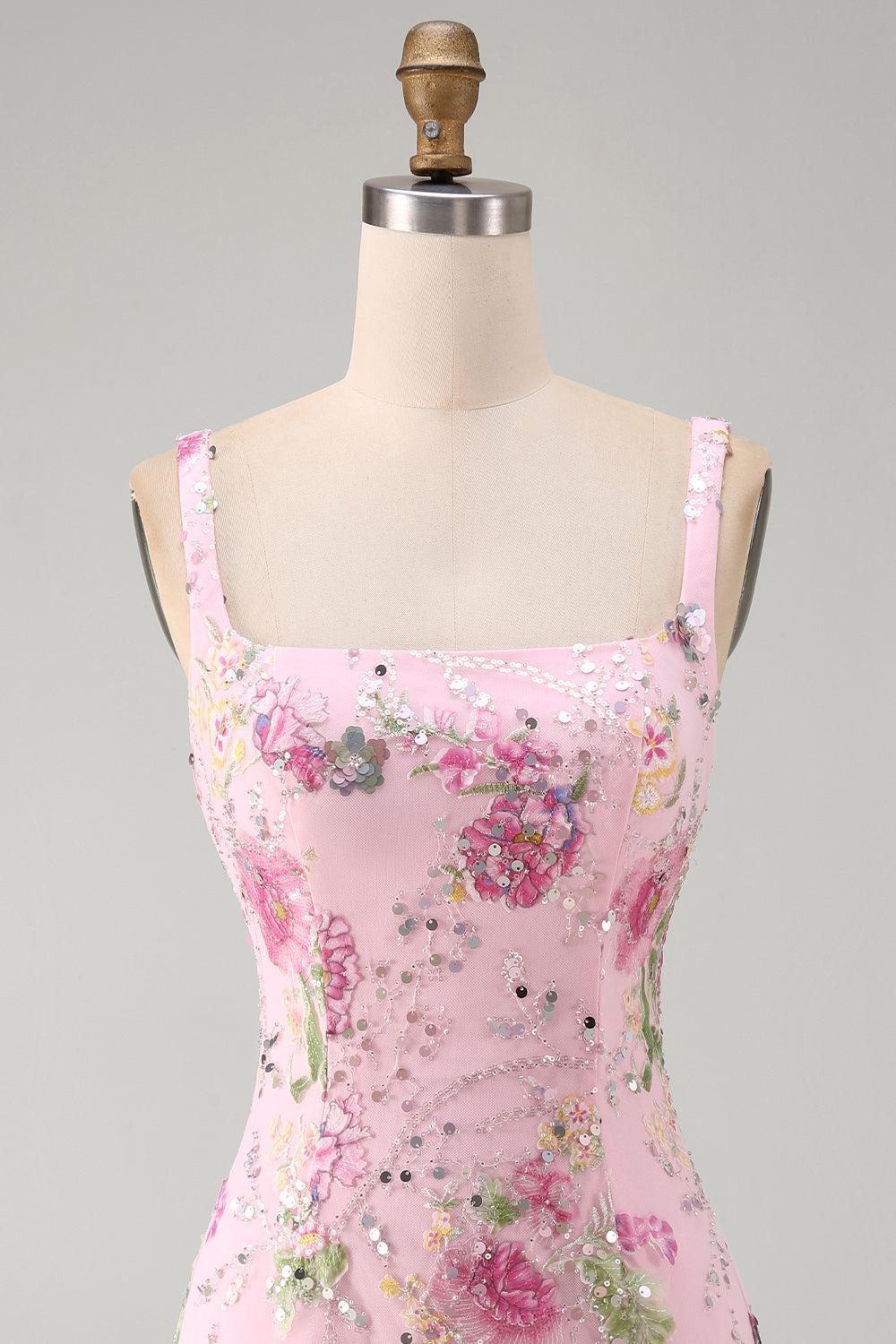 Dressystars Pink Floral Beaded Tight Short Homecoming Dress with Ruffles