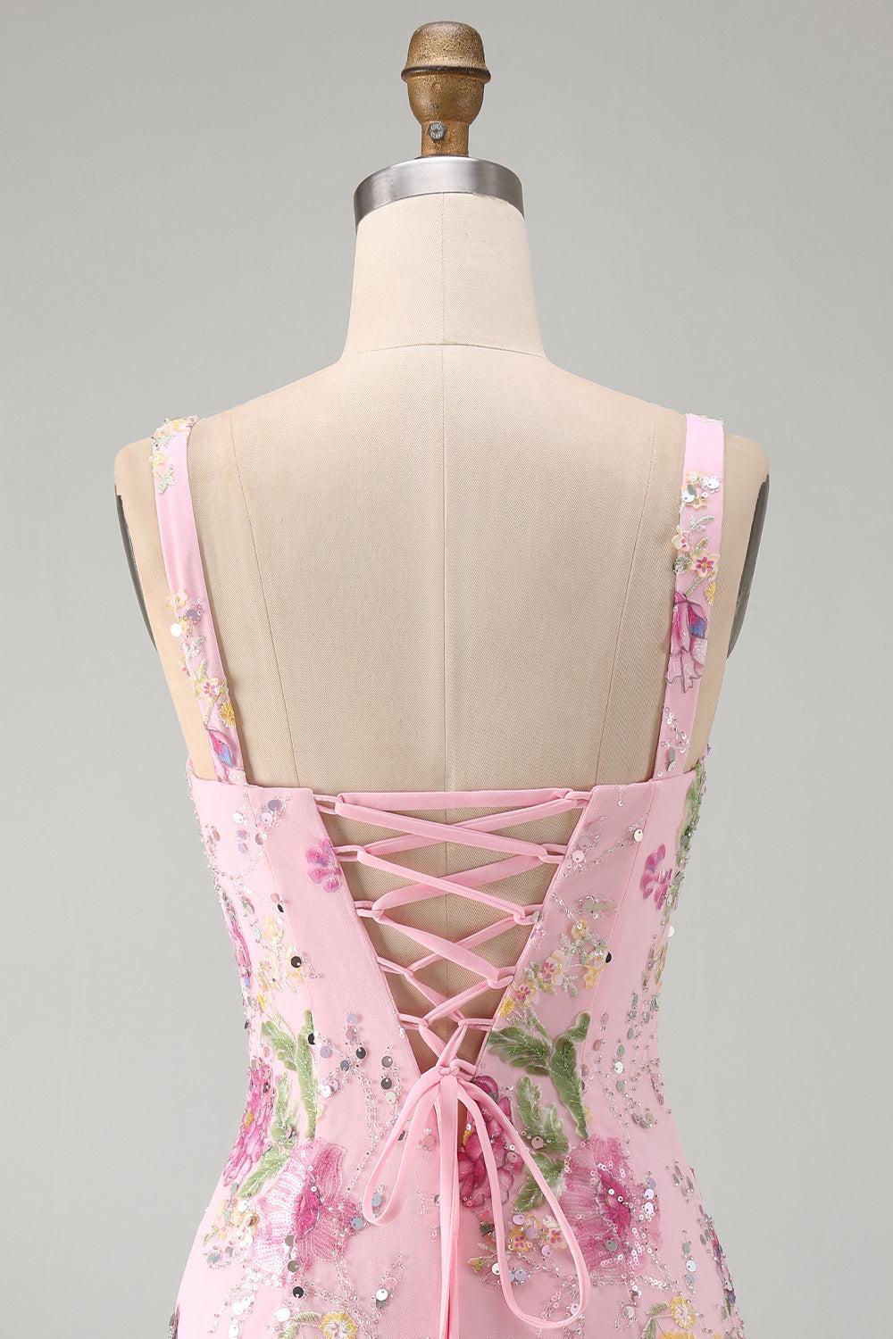Dressystars Pink Floral Beaded Tight Short Homecoming Dress with Ruffles