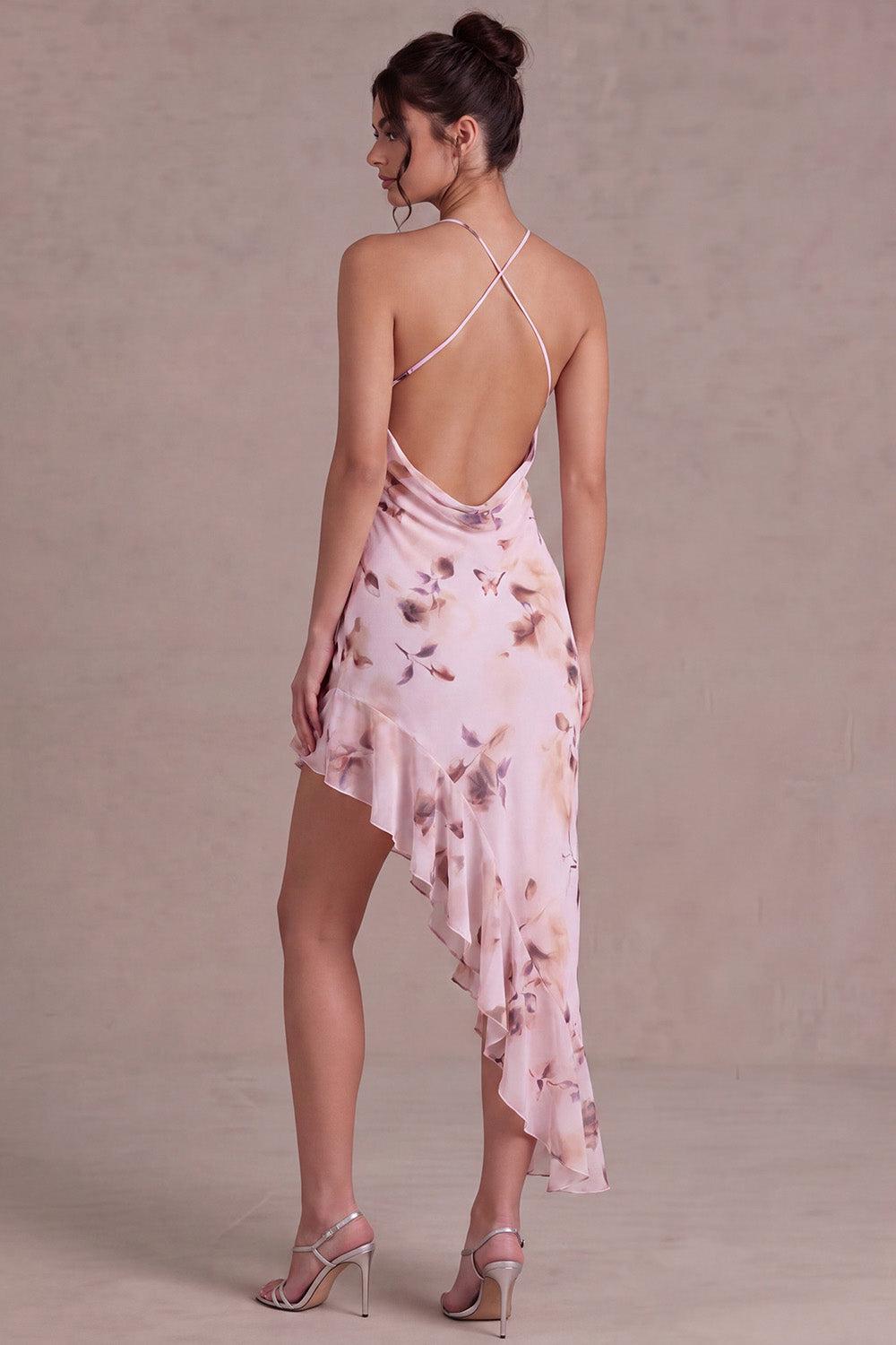 Dressystars Pink Floral Cowl Neck Asymmetrical Ruffled Homecoming Dress