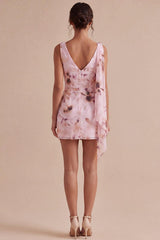 Dressystars Pink Floral Cowl Neck Ruched Tight Short Homecoming Dress with Sash