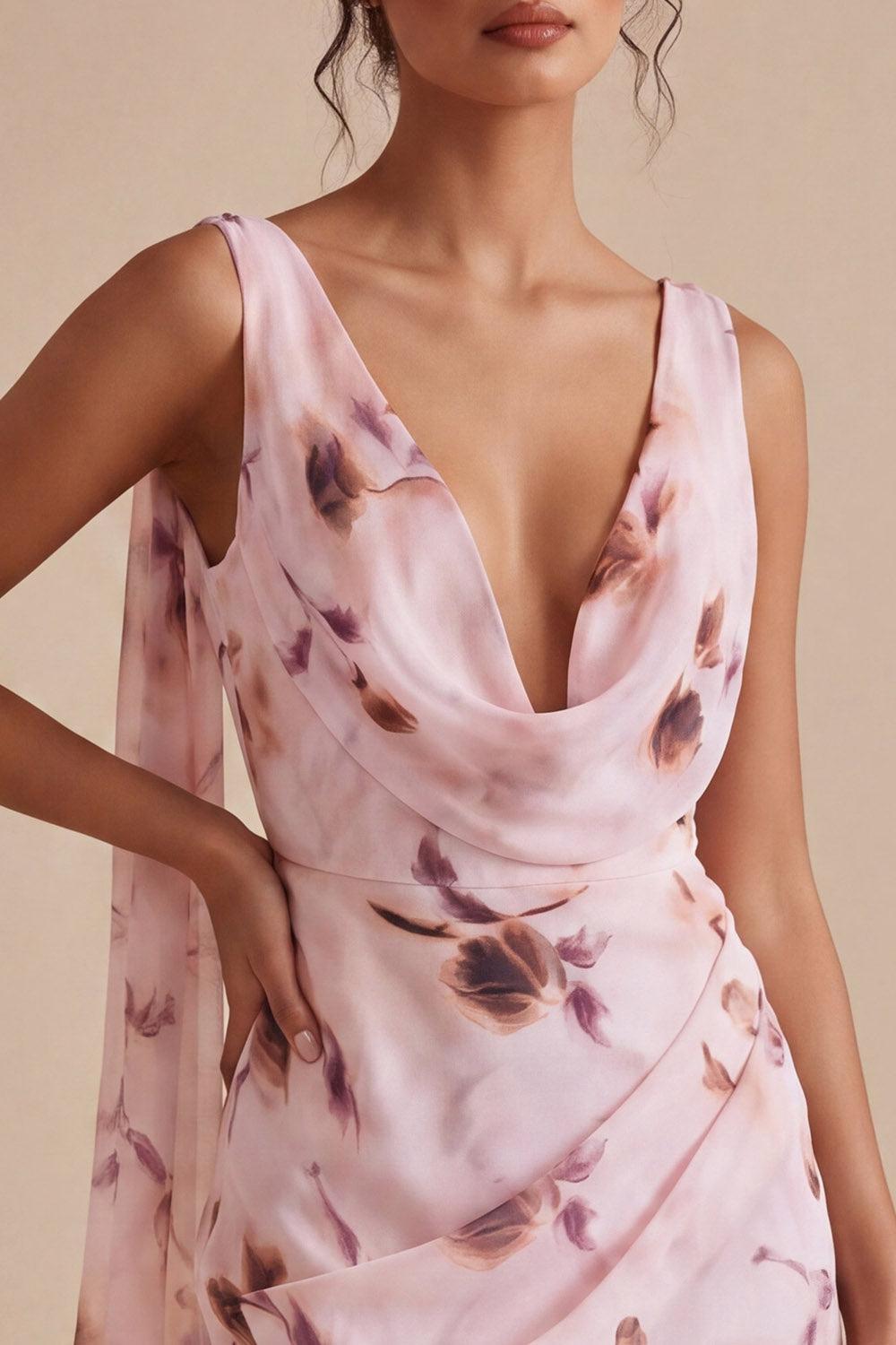 Dressystars Pink Floral Cowl Neck Ruched Tight Short Homecoming Dress with Sash