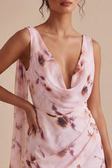 Dressystars Pink Floral Cowl Neck Ruched Tight Short Homecoming Dress with Sash