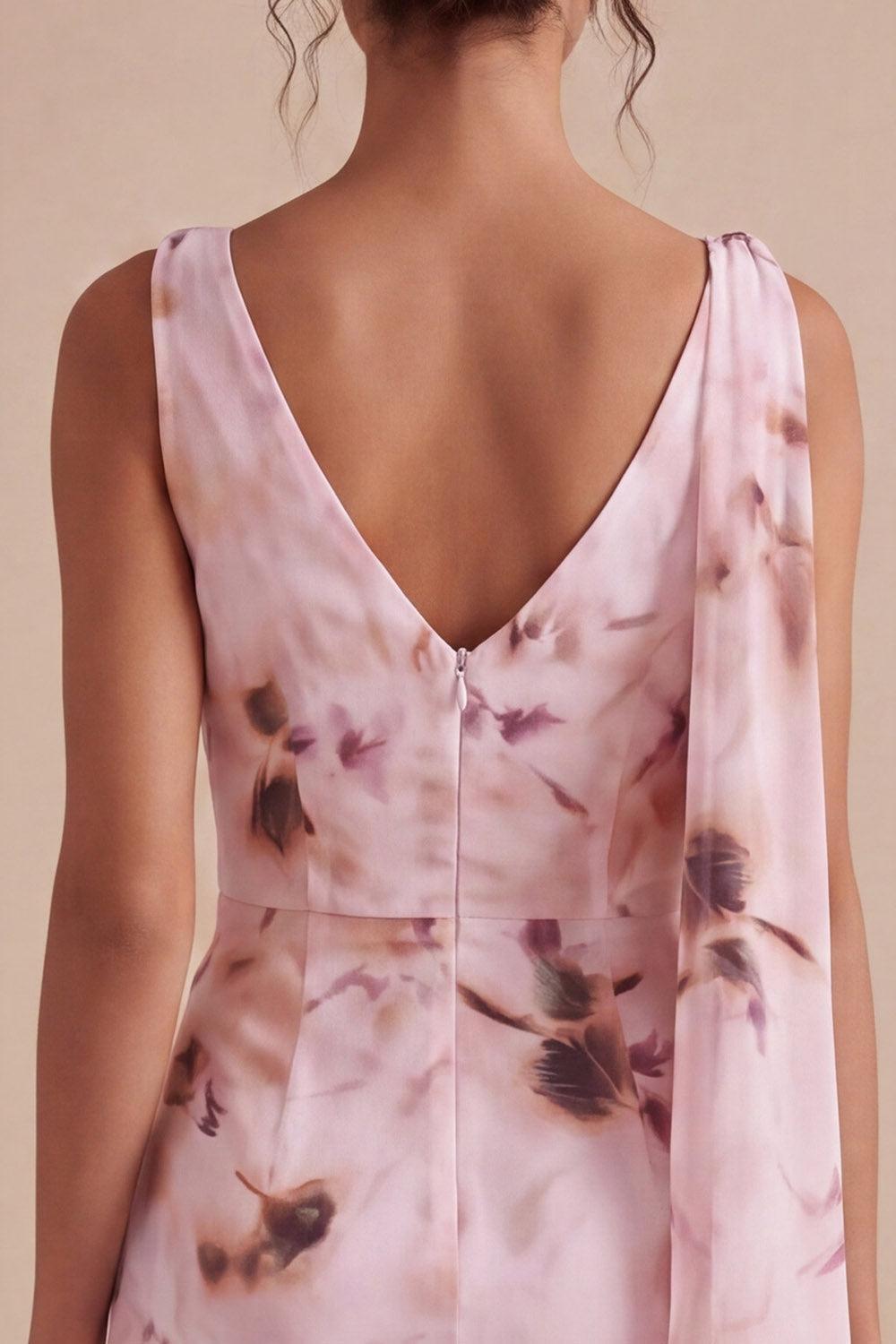 Dressystars Pink Floral Cowl Neck Ruched Tight Short Homecoming Dress with Sash