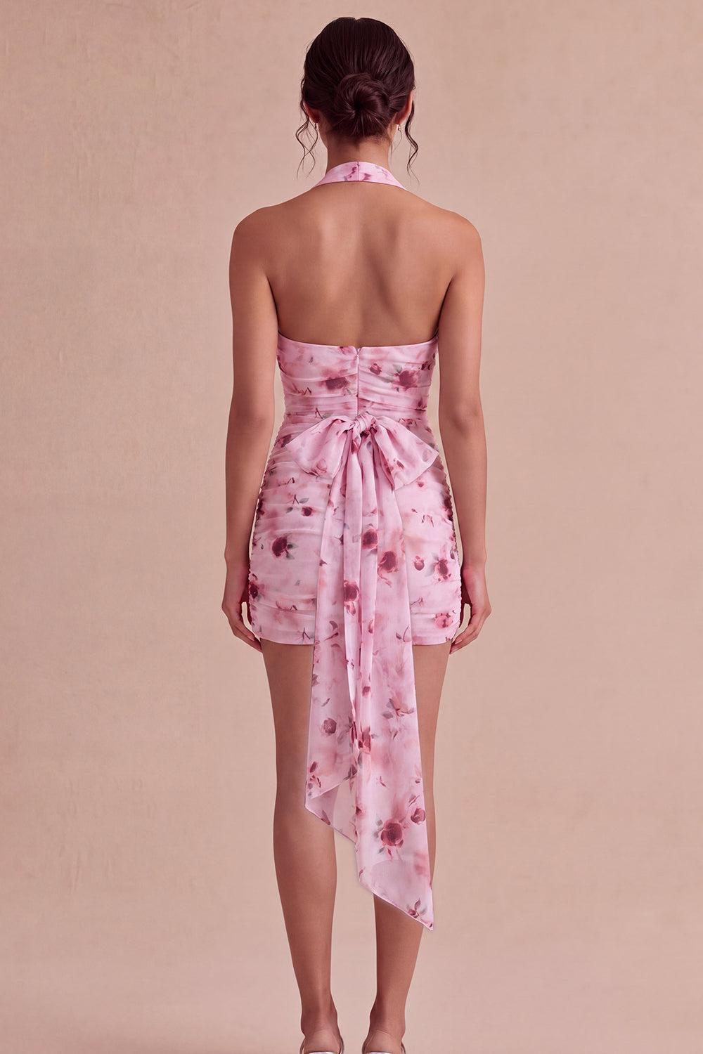 Dressystars Pink Floral Halter Ruched Tight Short Homecoming Dress with Bow