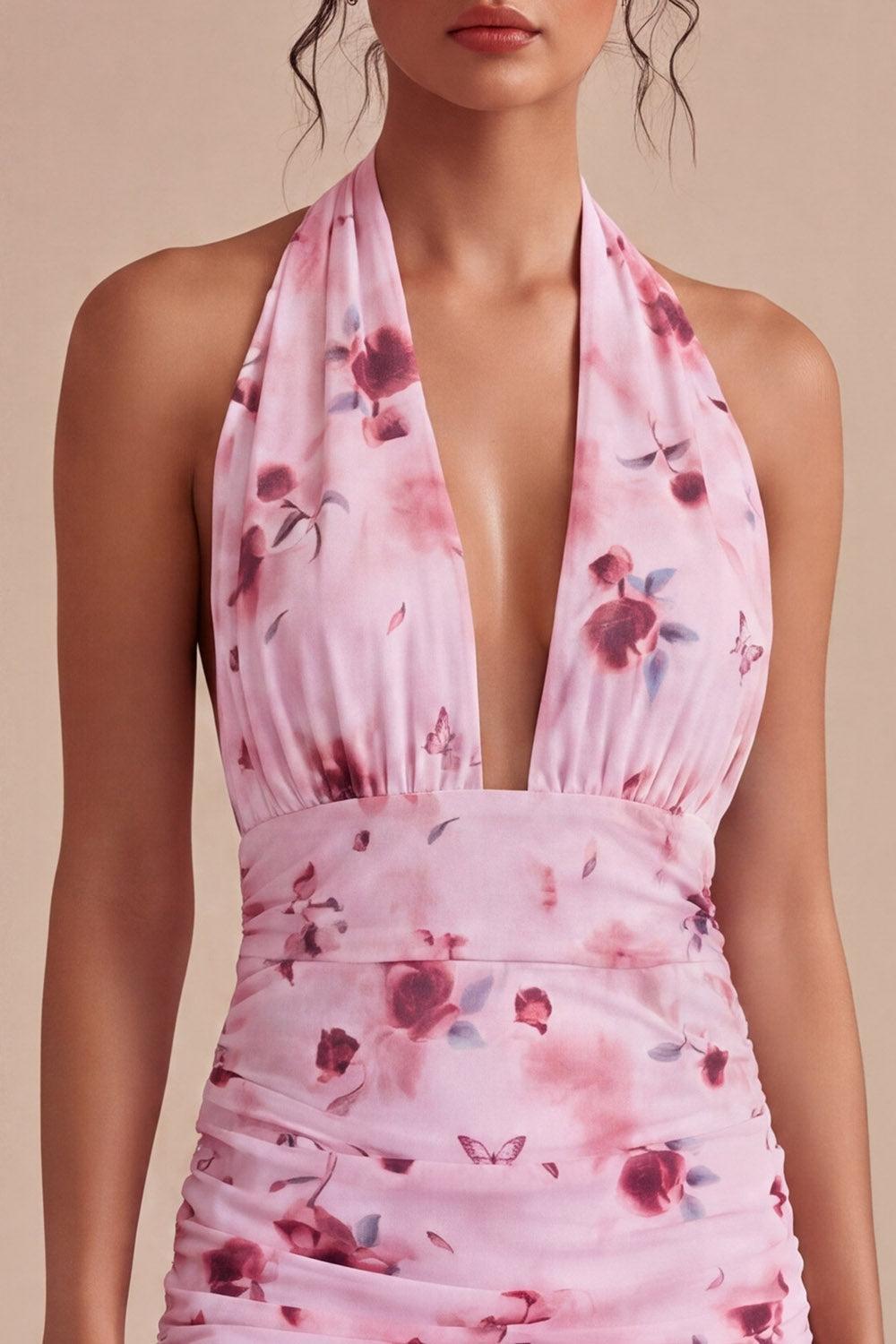 Dressystars Pink Floral Halter Ruched Tight Short Homecoming Dress with Bow