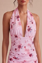 Dressystars Pink Floral Halter Ruched Tight Short Homecoming Dress with Bow