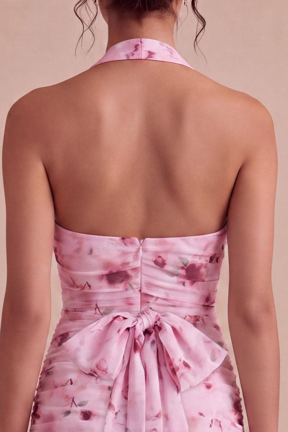 Dressystars Pink Floral Halter Ruched Tight Short Homecoming Dress with Bow
