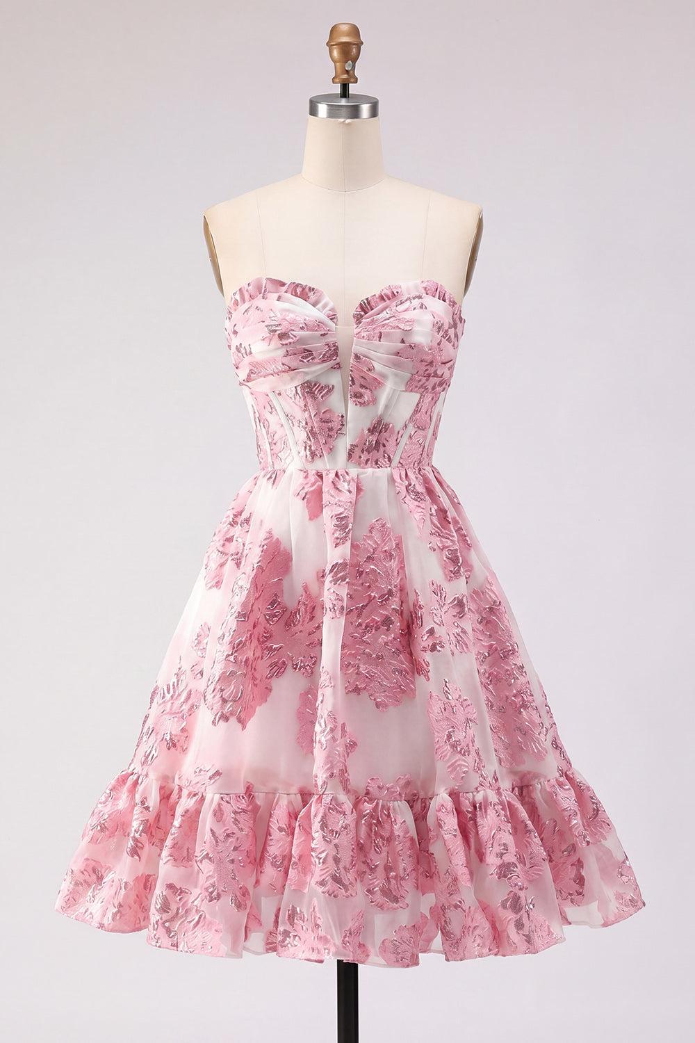 Dressystars Pink Floral Jacquard Strapless Corset Short Homecoming Dress with Ruffles