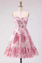 Dressystars Pink Floral Jacquard Strapless Corset Short Homecoming Dress with Ruffles