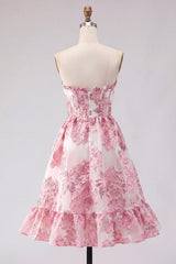 Dressystars Pink Floral Jacquard Strapless Corset Short Homecoming Dress with Ruffles