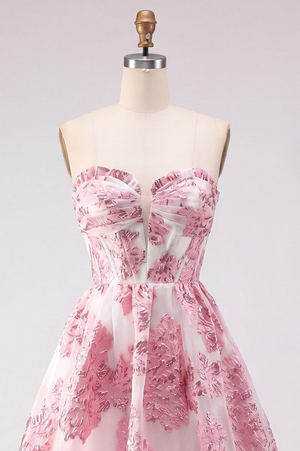 Dressystars Pink Floral Jacquard Strapless Corset Short Homecoming Dress with Ruffles