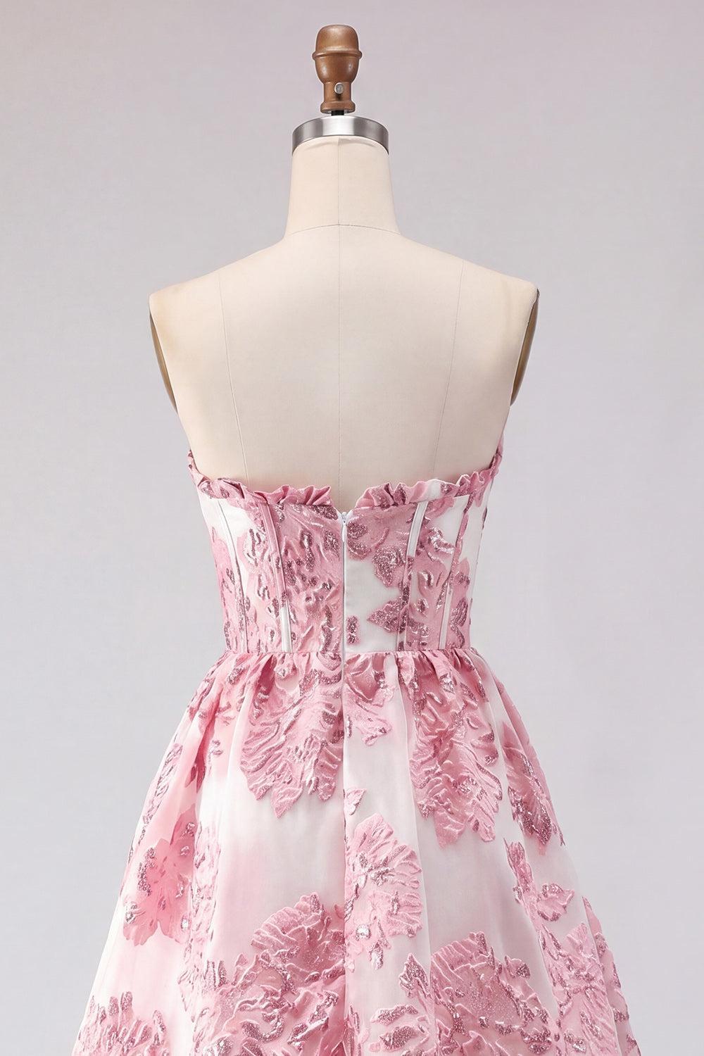 Dressystars Pink Floral Jacquard Strapless Corset Short Homecoming Dress with Ruffles