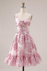 Dressystars Pink Floral Keyhole Corset Short Homecoming Dress with 3D Flower