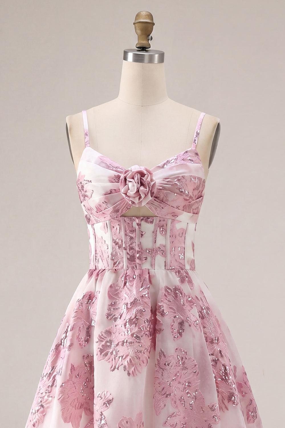 Dressystars Pink Floral Keyhole Corset Short Homecoming Dress with 3D Flower