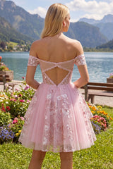 Dressystars Pink Floral Off-the-Shoulder A-Line Corset Short Homecoming Dress